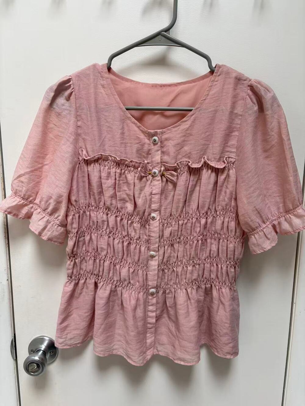 Pink Smocked Peplum Blouse Puff Sleeve Ruffle Button Up Cottagecore Top Small